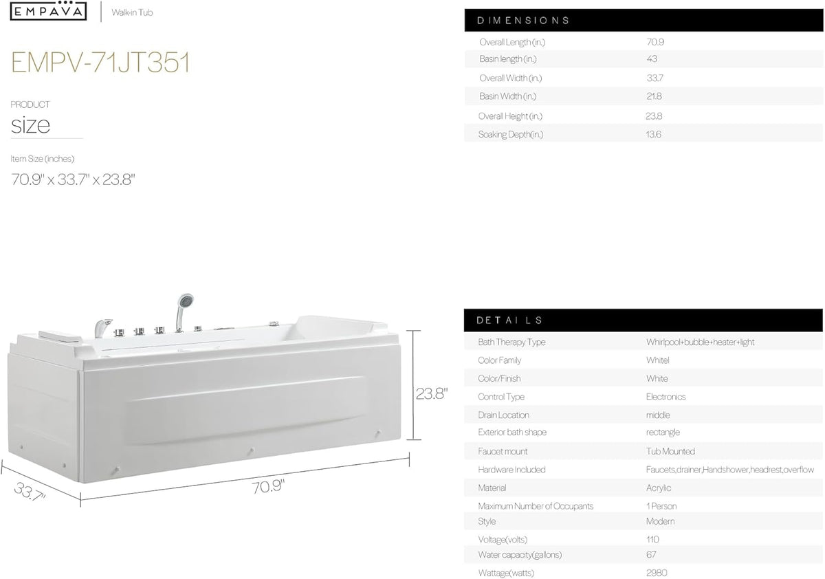 Empava Tub, 71" Jetted Bathtub with Air Bubble Massage & Inline Heater