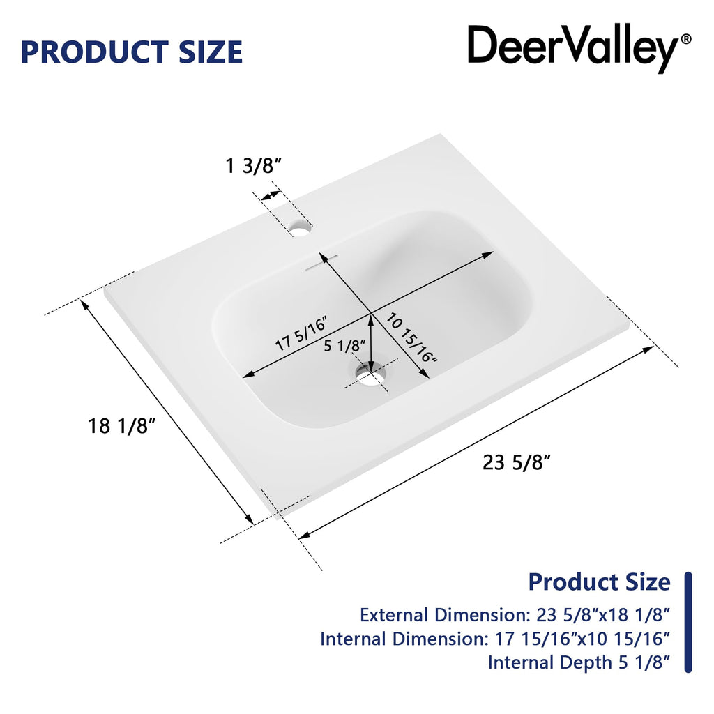 DeerValley Drop In Bathroom Sink White 21"x18" Rectangle Sleek 3-Hole Basin