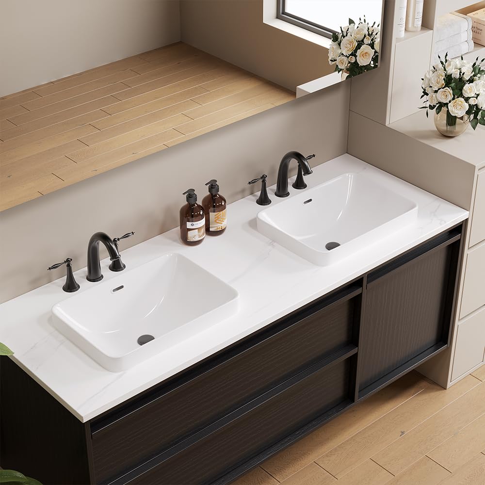 Bathroom Rectangle Vessel Sink 20" x 15" Semi Recessed Sink White Drop in ceramic Sink with Overflow Modern Sinks Bowl Vanity Above Counter Basin