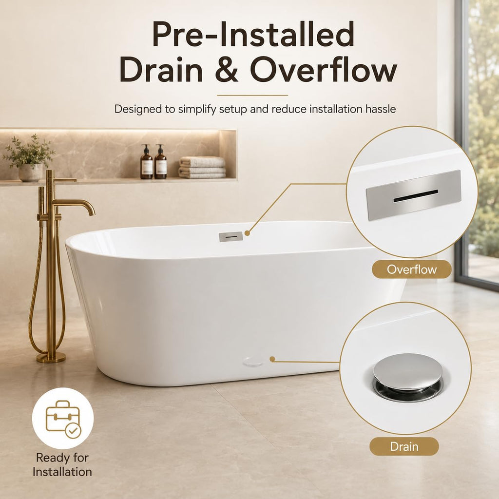 Freestanding Bathtub 59 inch Acrylic Free Standing Tub 59 Inch, Free Standing Tub with Chrome Drain & Overflow, Ergonomic Stand Alone Tub for Small Bathroom or Home Spa