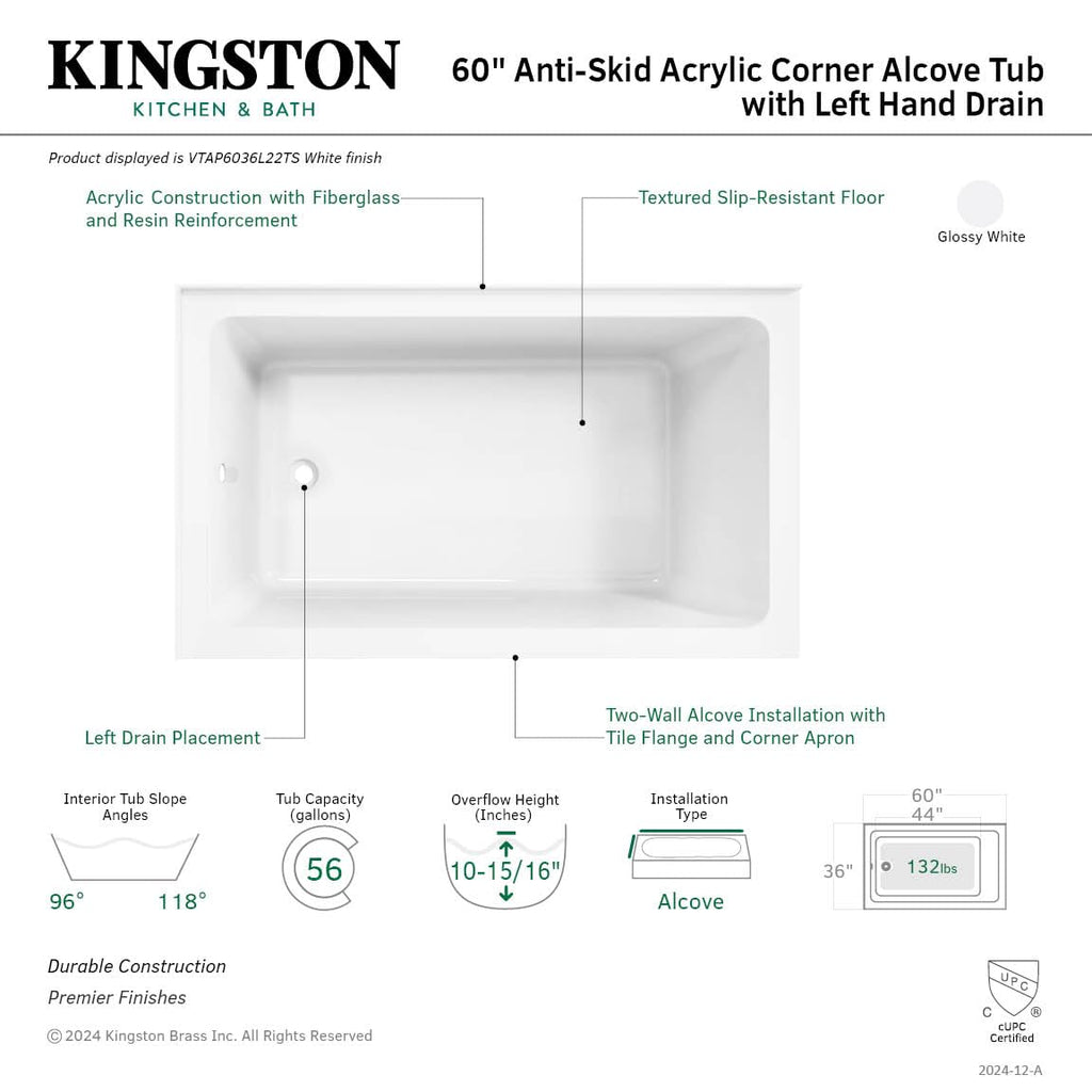 Kingston VTAP6030L22TS 2-Wall Corner Alcove Tub, Glossy White
