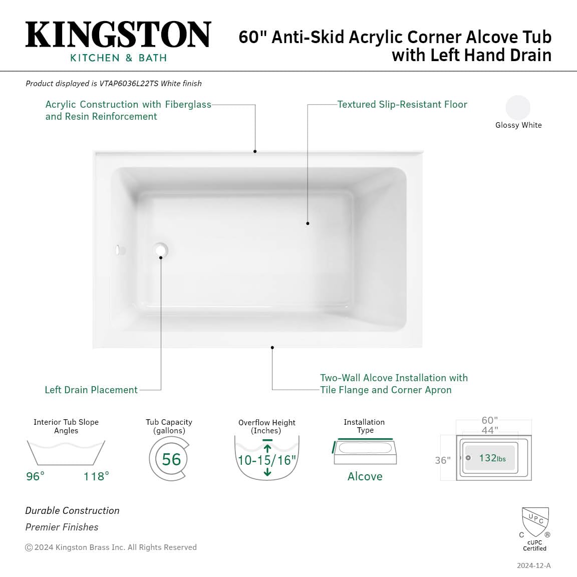 Kingston VTAP6030L22TS 2-Wall Corner Alcove Tub, Glossy White