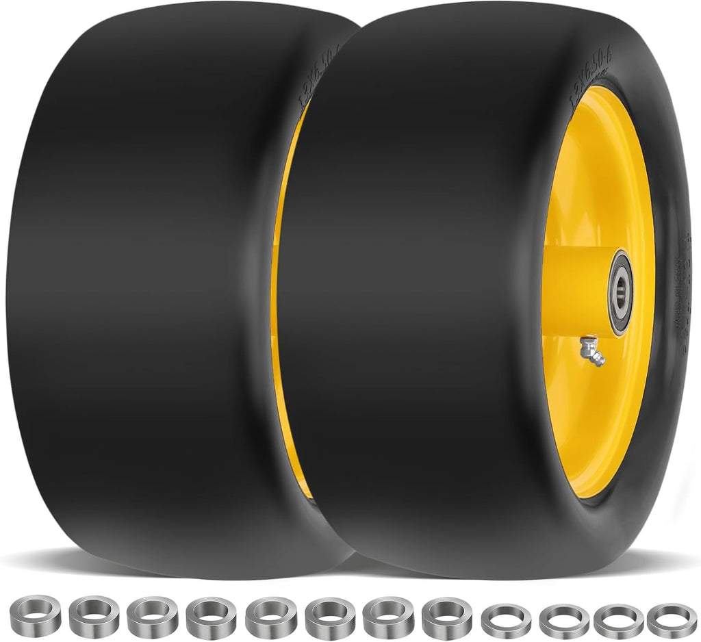 2 Pcs 13x6.50-6 Lawn Mower Tires Flat Free with 3/4" 1/2" 5/8" Bearings