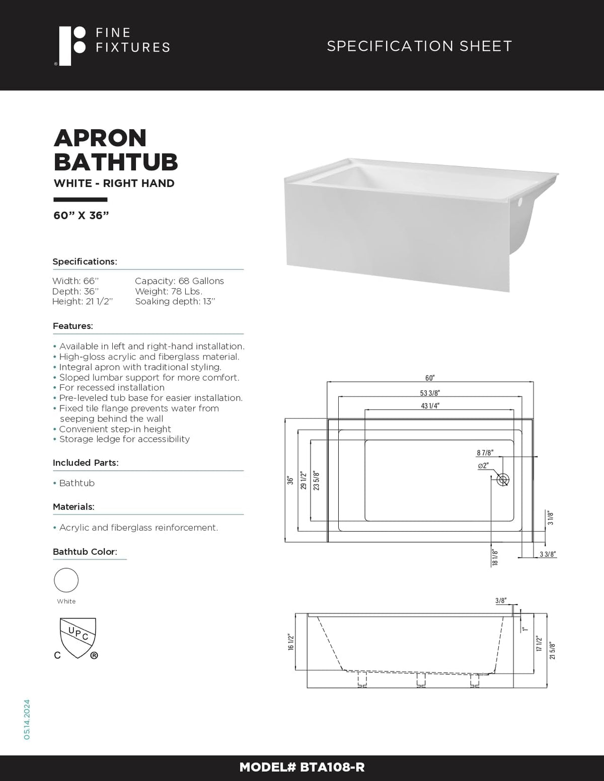 Fine Fixtures Acrylic, Fiberglass Alcove Soaking Bathtub with Integral Apron Front in Glossy White - Right Hand Drain, 72" x 32"