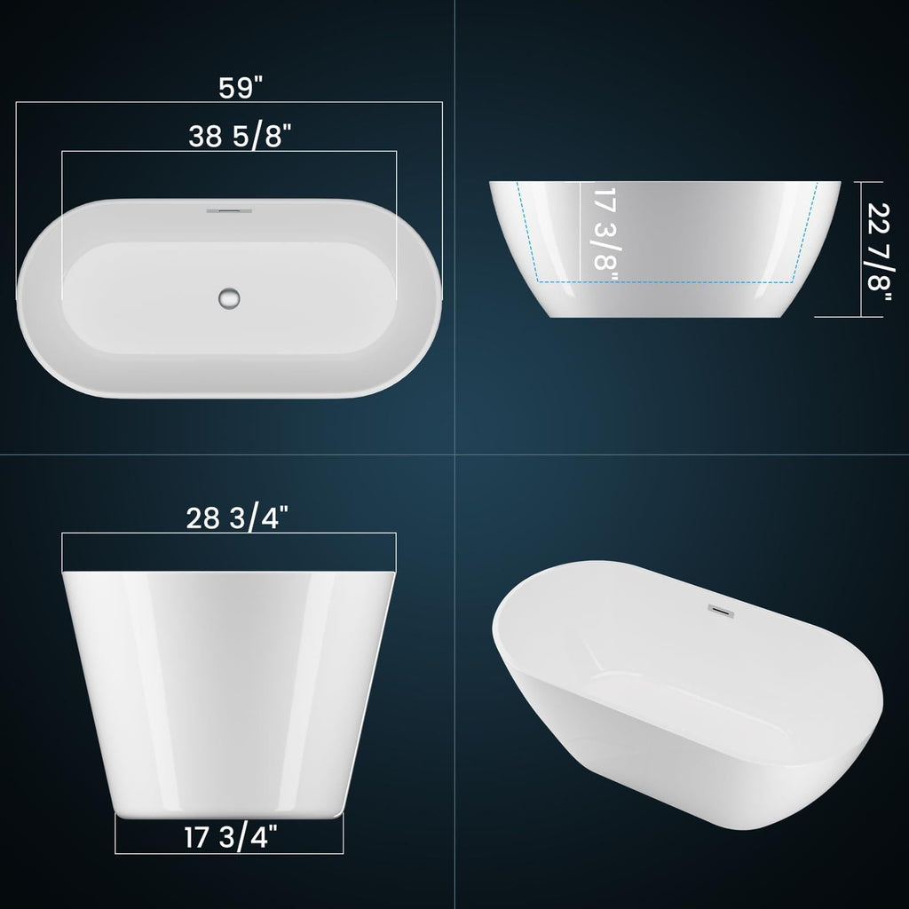 59" Freestanding Bathtub, Acrylic Streamline Stand Alone Soaking Bath Tubs