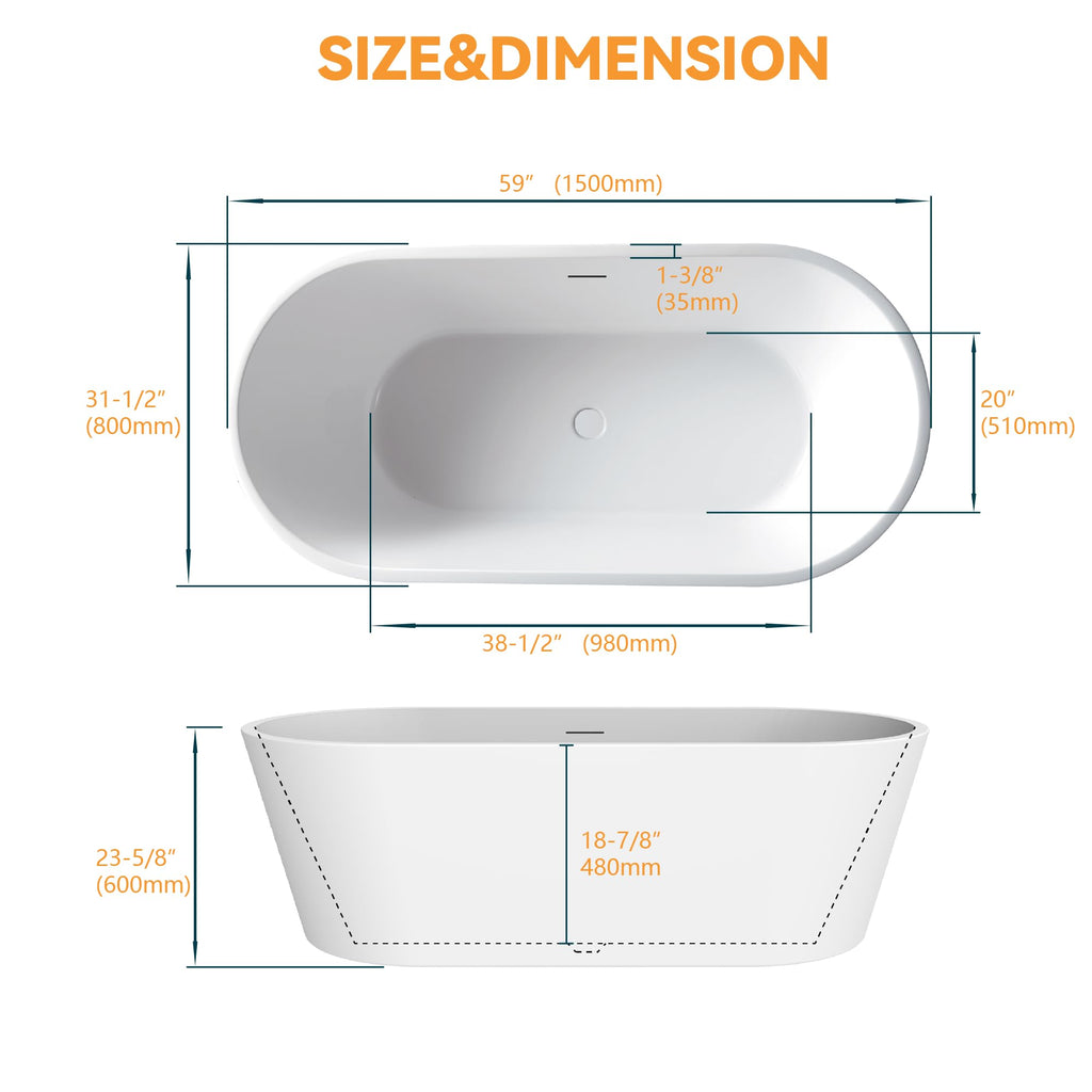 61" Freestanding Bathtubs, Acrylic Soaking Tubs for Adult, Integrated Overflow and Drain, cUPC Certified, Glossy White
