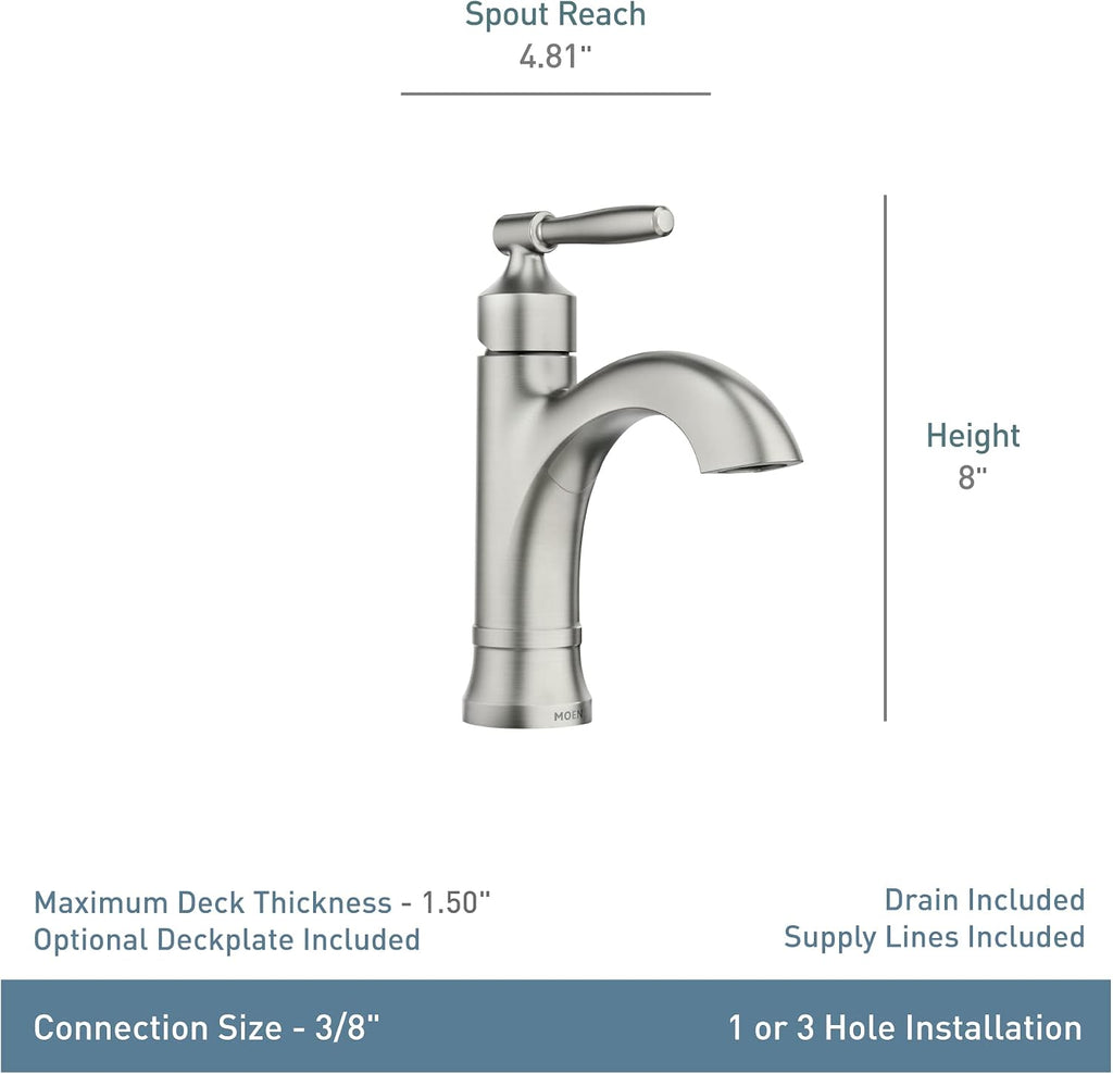 Moen Halle Spot Resist Brushed Nickel One-Handle Single Hole Bathroom Sink Faucet with Optional Deckplate, 84970SRN