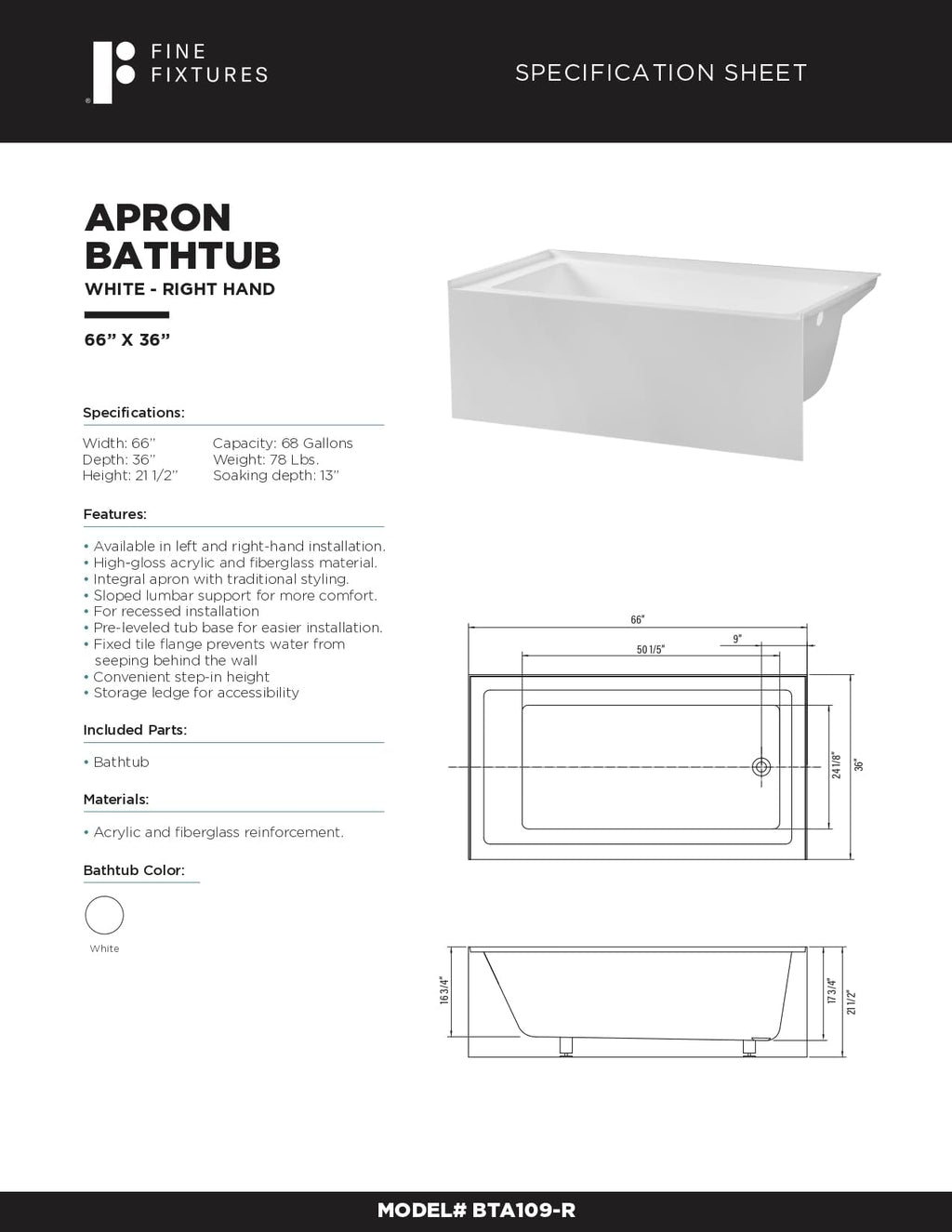 Fine Fixtures Acrylic, Fiberglass Alcove Soaking Bathtub with Integral Apron Front in Glossy White - Right Hand Drain, 72" x 32"