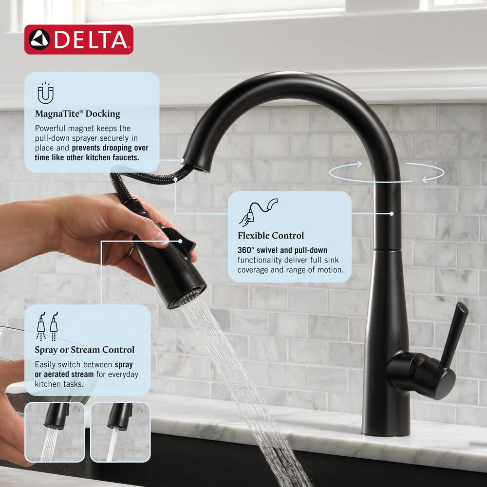 Delta Essa Brushed Nickel Kitchen Faucet with Pull Down Sprayer, Modern Single Hole Kitchen Sink Faucet, Single Handle, Arctic Stainless 9113-AR-DST