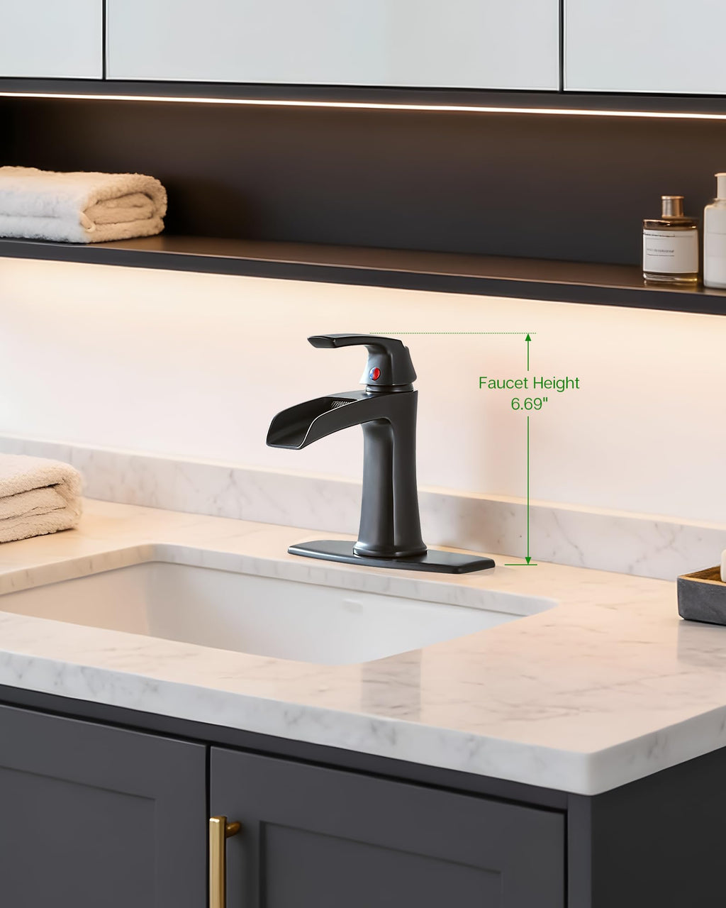 Fapully Brushed Nickel Bathroom Faucet 3 Hole, Waterfall 8 Inch Widespread Bathroom Sink Faucet with Pop-up Drain, Two-Handle Faucet for Bathroom Sink