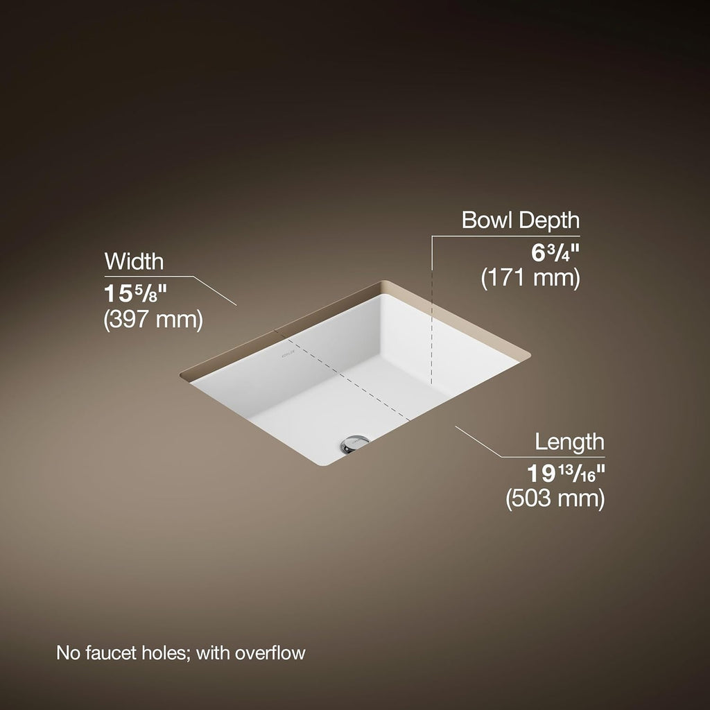 KOHLER 2882-0 Verticyl Rectangular Undermount Bathroom Sink, 19 3/4", White