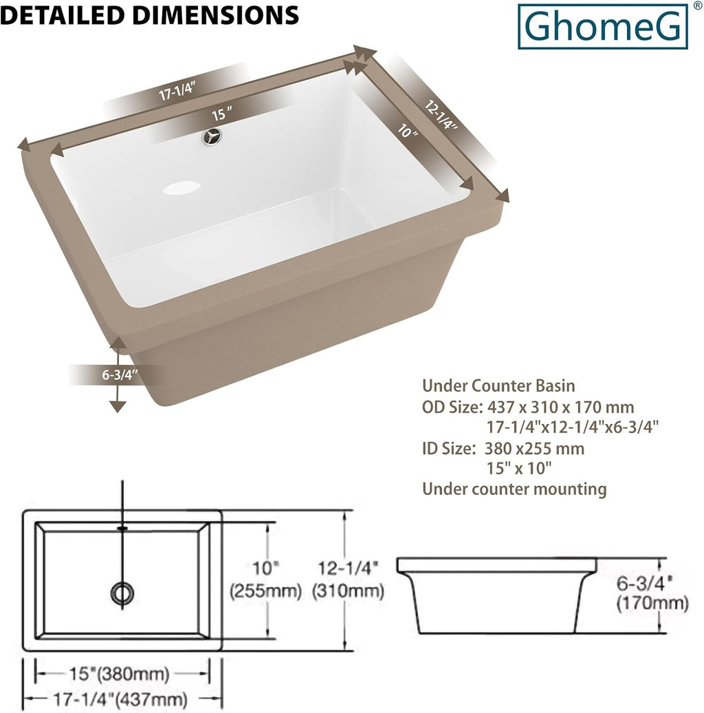 17 Inch Undermount Bathroom Sink Rectangle White