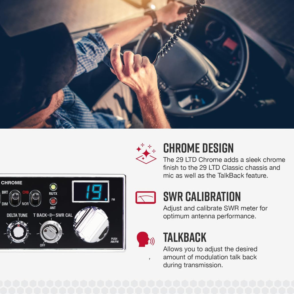 Cobra 29 LTD Chrome AM/FM Professional CB Radio - Easy to Operate, Emergency Radio, Instant Channel 9, 4-Watt Output, Full 40 Channels, Adjustable Receiver and SWR Calibration, Chrome