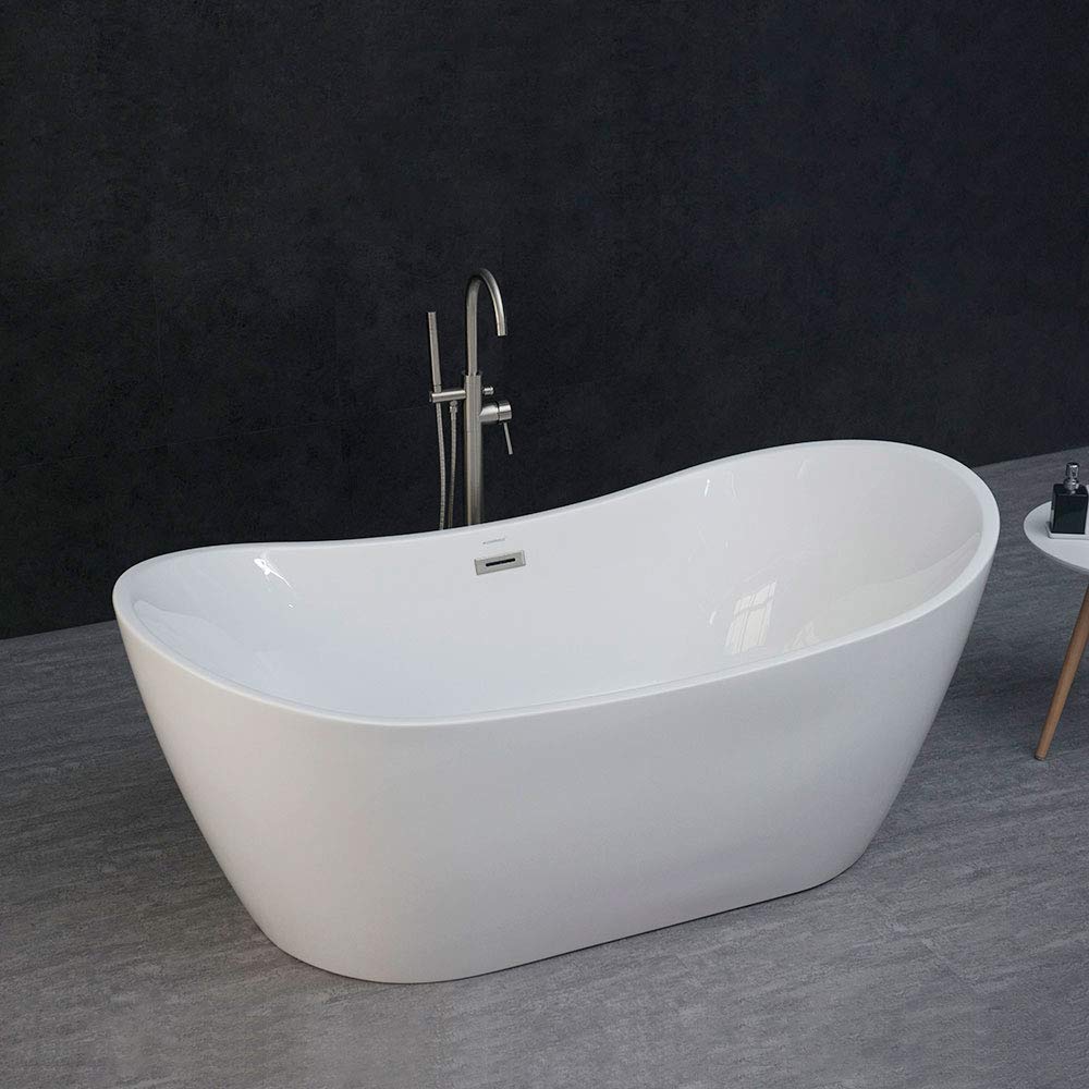 WOODBRIDGE 71" Acrylic Freestanding Bathtub Contemporary Soaking Tub , White Acrylic ( Matte Black Drain/Overflow),B0017 MB Drain &O