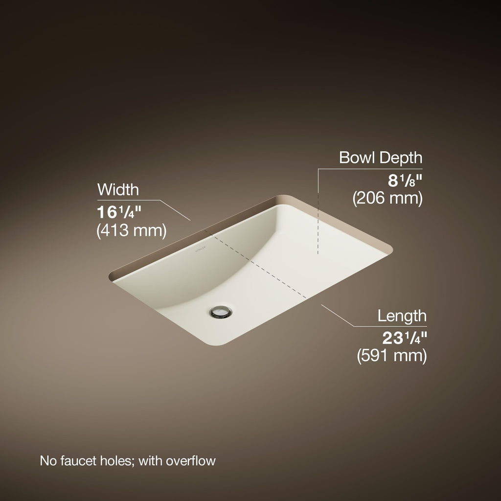 KOHLER 2215-0 Ladena Rectangular Undermount Bathroom Sink Vanity With Curved Bottom, 23-1/4 L x 16-1/4 W, White Bathroom Sinks
