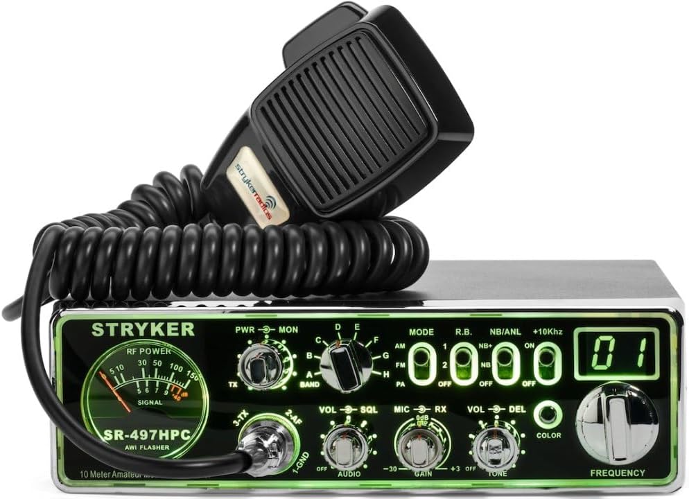 Stryker SR-497HPC 10 Meter Radio, High Power 100+ Watts PEP Power Output, Brilliant 12 Color Black Light Front Panel, Up-Armored Receiver, Variable Talk Back Control, Two Different Roger Beeps