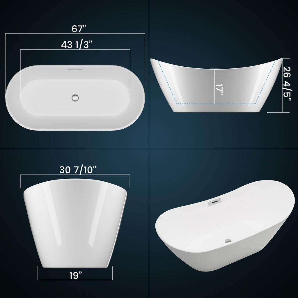 59" Acrylic Freestanding Bathtub, Modern Soaking Tub with Matte Drain and Overflow, Ergonomic Deep Design, Double-Walled Insulation, CUPC Certified, Easy Clean, Slip-Resistant, Gloss White