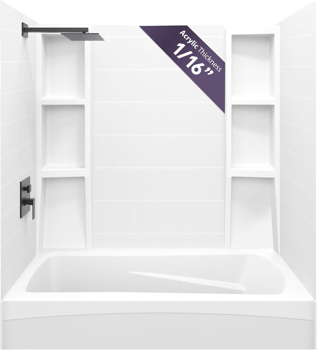 White Acrylic Tub Wall Surround D32 x W60 x H58 - Stacked Tiles Pattern