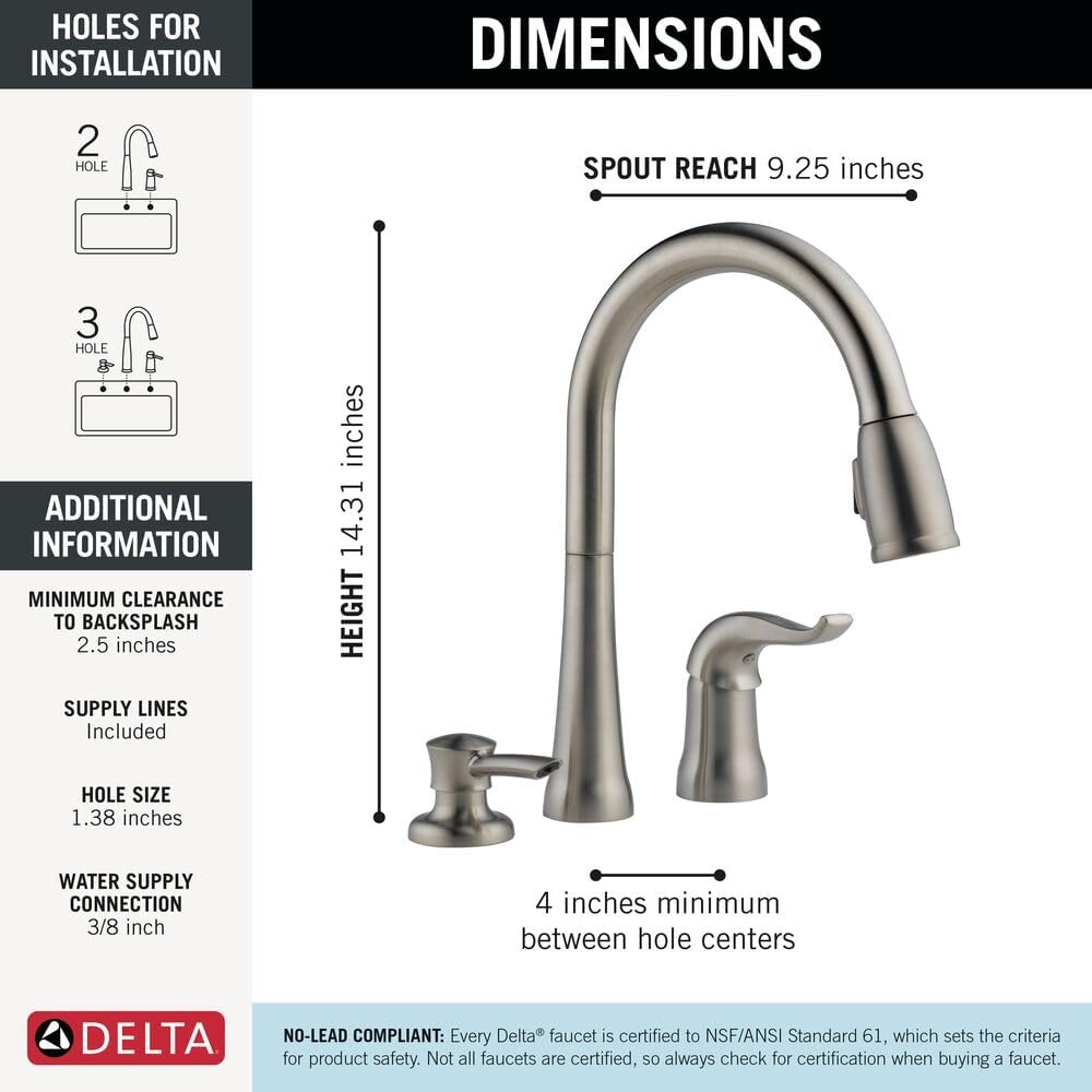 Delta Kate Brushed Nickel Kitchen Faucet with Pull Down Sprayer and Soap Disperser, Modern Two Hole Kitchen Sink Faucet, Single Handle, Stainless 16970-SSSD-DST