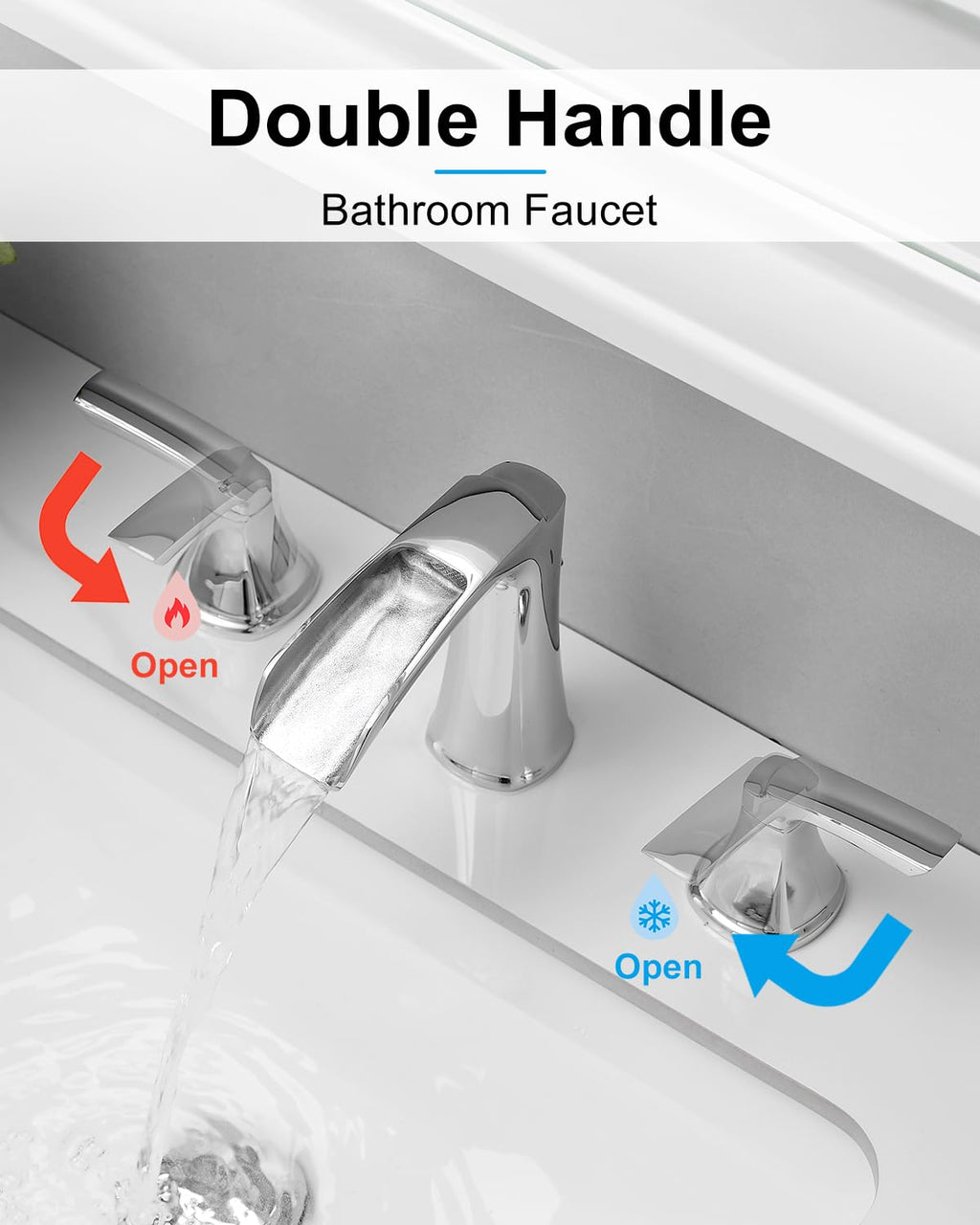 Fapully Brushed Nickel Bathroom Faucet 3 Hole, Waterfall 8 Inch Widespread Bathroom Sink Faucet with Pop-up Drain, Two-Handle Faucet for Bathroom Sink