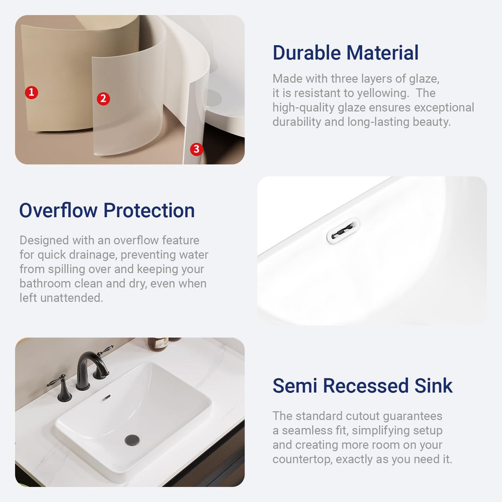 Bathroom Rectangle Vessel Sink 20" x 15" Semi Recessed Sink White Drop in ceramic Sink with Overflow Modern Sinks Bowl Vanity Above Counter Basin