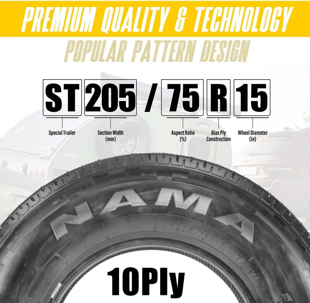 NAMA NM616 Set of 4 ST205/75R15 Trailer Tires, Load Range E 10 Ply Heavy Duty ST Tire Radial Trailer Tire