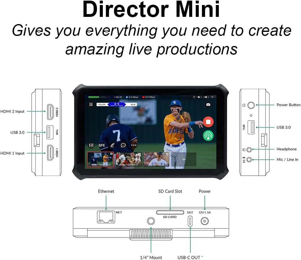 Magewell Director Mini 55110 â Compact Multi-Input Live Production Switcher, Encoder, Streamer & Recorder with 5.5â AMOLED Touchscreen for YouTube, Twitch, Facebook, NDI HX, SRT, RTMP and More