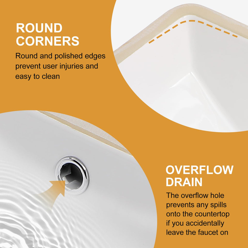 Mocoloo Bathroom Sink Undermount 22"x16" White Rectangle Porcelain Sink with Vertical Sides and Overflow Drain Under Counter Mount Ceramic Lavatory Vanity Sinks for Bathroom Interior Size 19 x 13