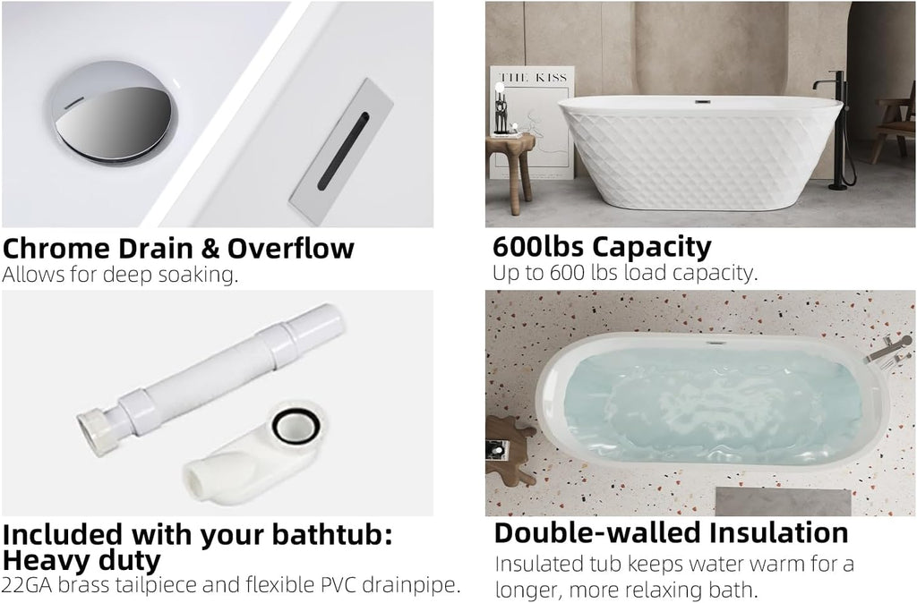 GDFStudio 67" Acrylic Freestanding Bathtub with Diamond Pattern, Modern Oval Soaking Tub, Freestanding Bath Spa Tub, Brushed Nickel Overflow & Pop-Up Drain, cUPC Certified, Glossy White