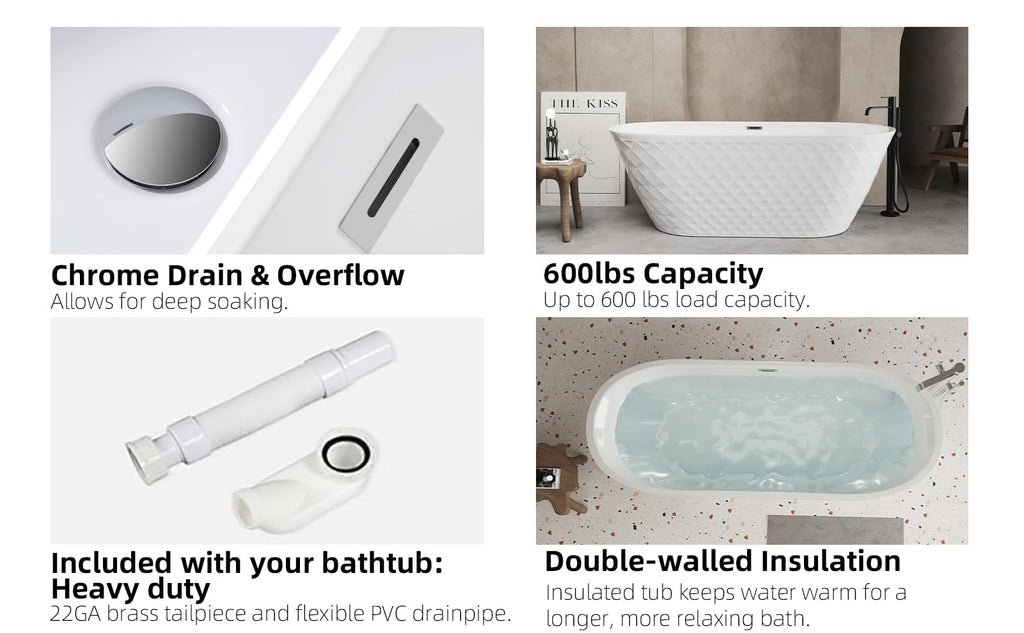 GDFStudio 67" Acrylic Freestanding Bathtub with Diamond Pattern, Modern Oval Soaking Tub, Freestanding Bath Spa Tub, Brushed Nickel Overflow & Pop-Up Drain, cUPC Certified, Glossy White