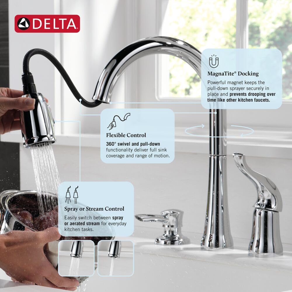 Delta Kate Brushed Nickel Kitchen Faucet with Pull Down Sprayer and Soap Disperser, Modern Two Hole Kitchen Sink Faucet, Single Handle, Stainless 16970-SSSD-DST