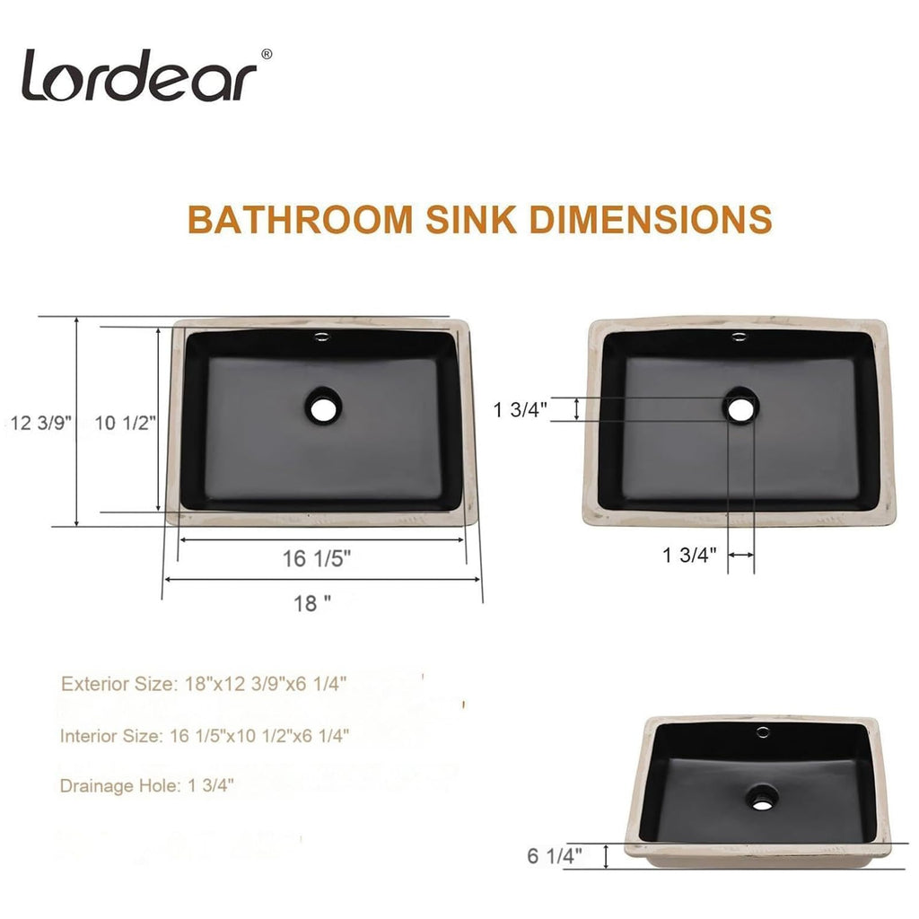 Lordear 17x12 Inch Undermount Bathroom Sink (Installation Size: 15"x10") Vanity Small Sinks Rectangle Pure White Porcelain Ceramic Bath Lavatory Vanity Sink Basin with Overflow