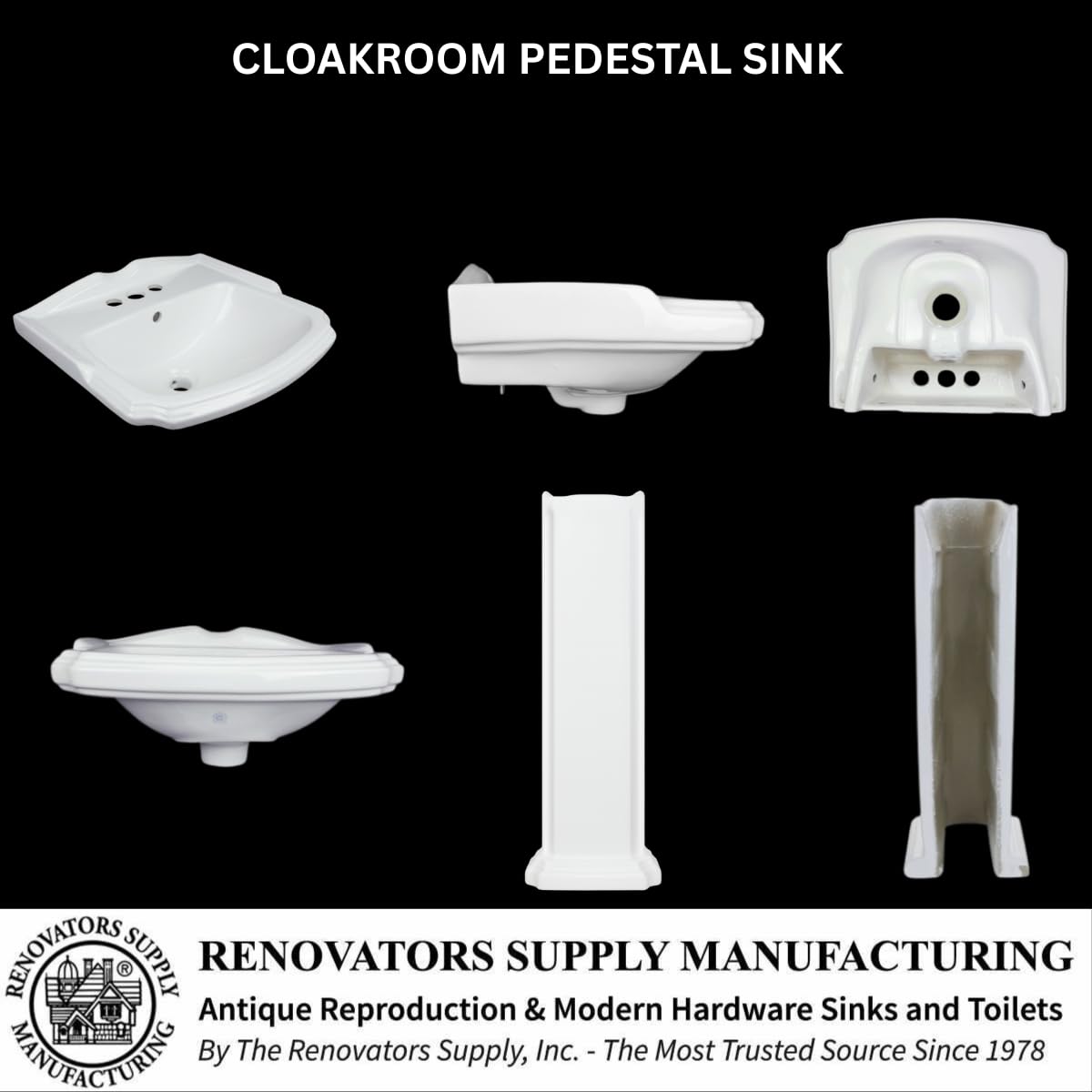 Renovators Supply Manufacturing Ondine Space Saving 16" W x 33" H x 14.5" Proj. Small Bathroom Pedestal Sink, Vitreous China, with Overflow, Compatible with 4 in. Centerset Faucets