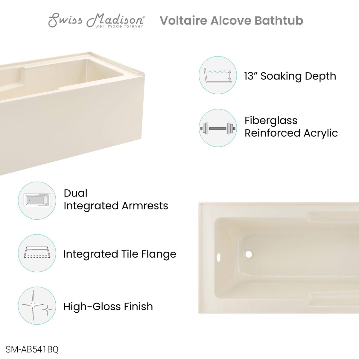 Voltaire 60" x 32" Right-Hand Drain Alcove Bathtub with Apron