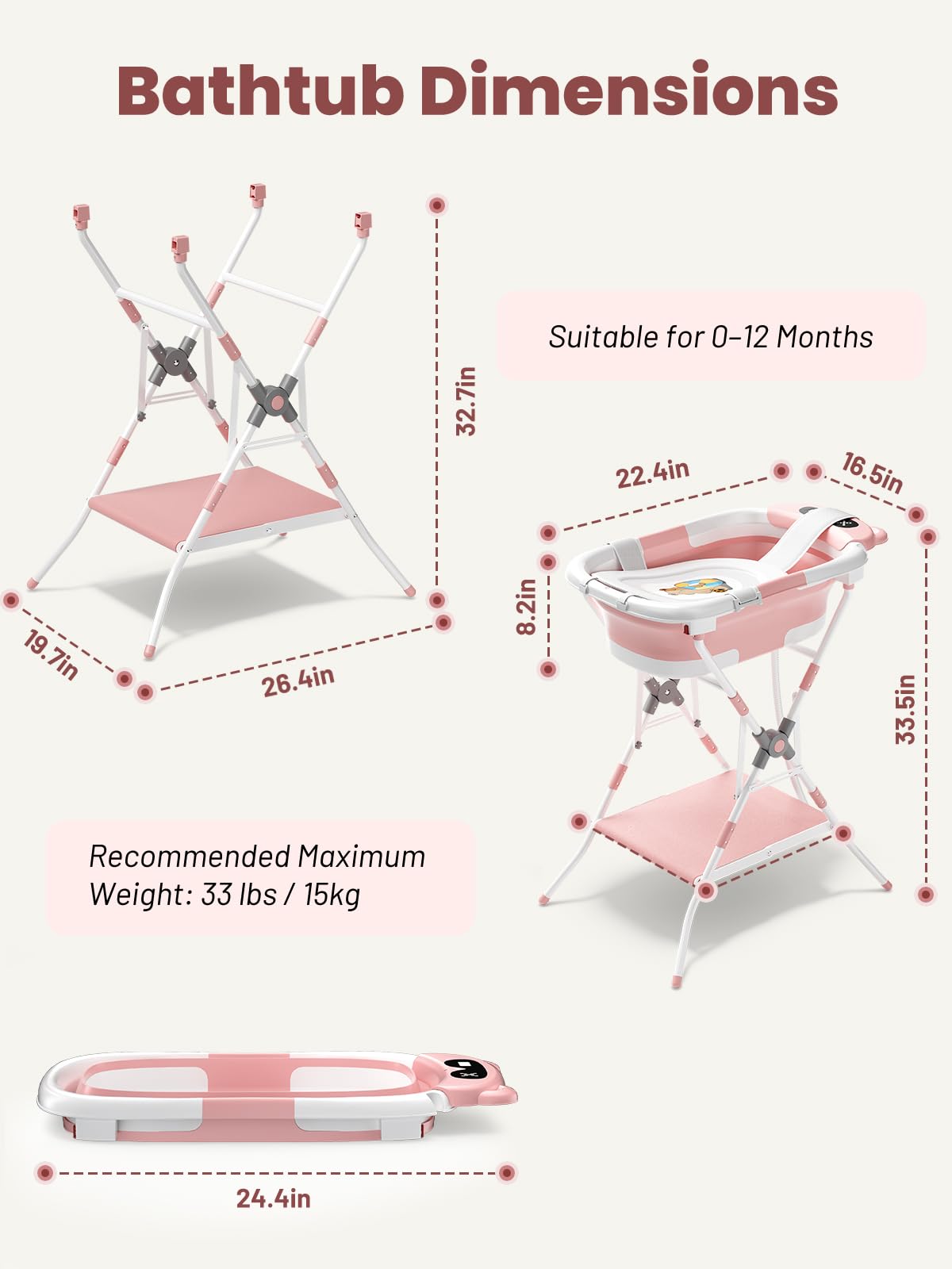 Baby Bathtub with Stand, Foldable Metal Standing Baby Bath Tub, 3-in-1 Anti-Slip Collapsible Tub with Cushion Storage Pad, Elevated Design for Newborn Toddler, Gray