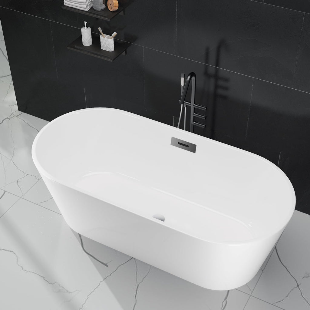 59 Inch Freestanding Bathtubs, White Acrylic Free Standing Bathtub, Modern Soaking Tub with Integrated Overflow & Chrome Drain for Bathroom Remodel