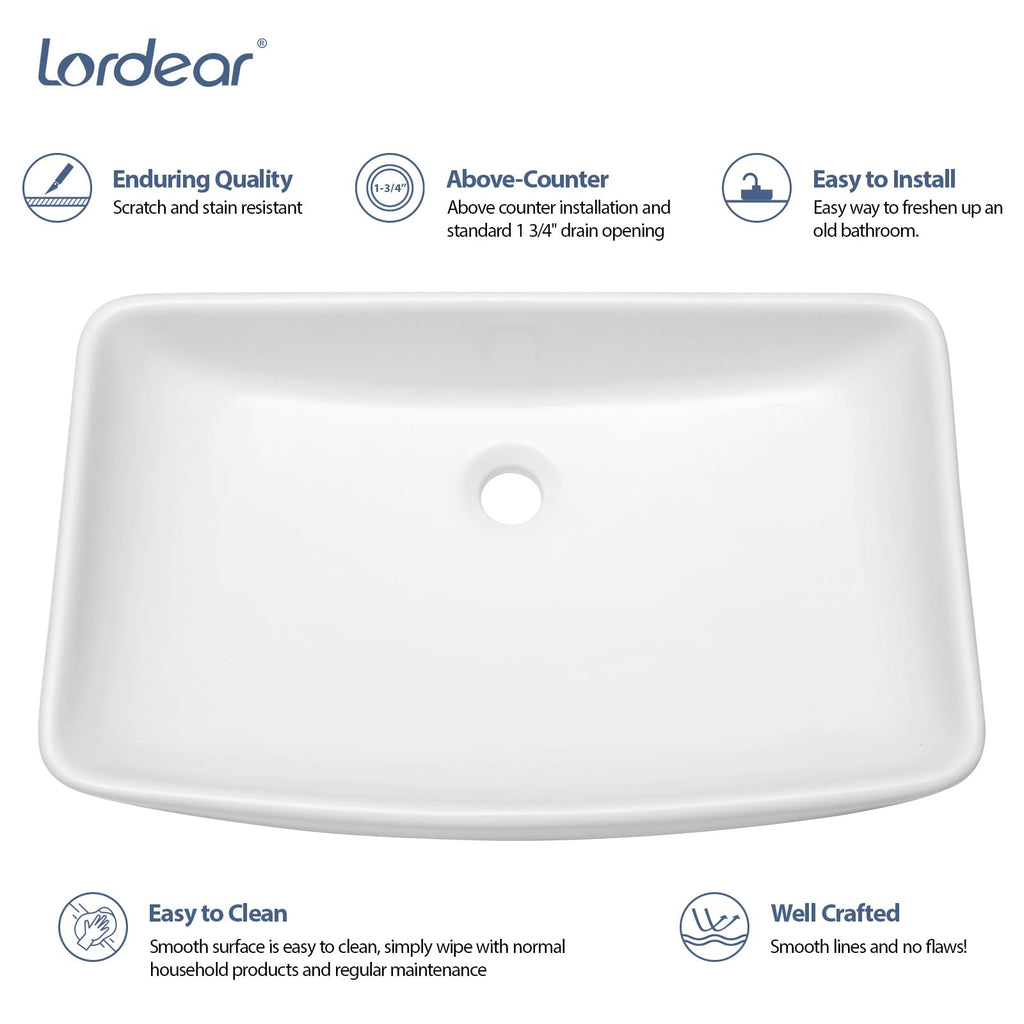 Bathroom Vessel Sink 19"x15" Rectangle Sink Above Counter White Porcelain Ceramic Modern Vanity Sink Art Basin with Faucet Hole