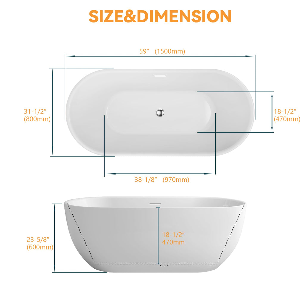 61" Freestanding Bathtubs, Acrylic Soaking Tubs for Adult, Integrated Overflow and Drain, cUPC Certified, Glossy White