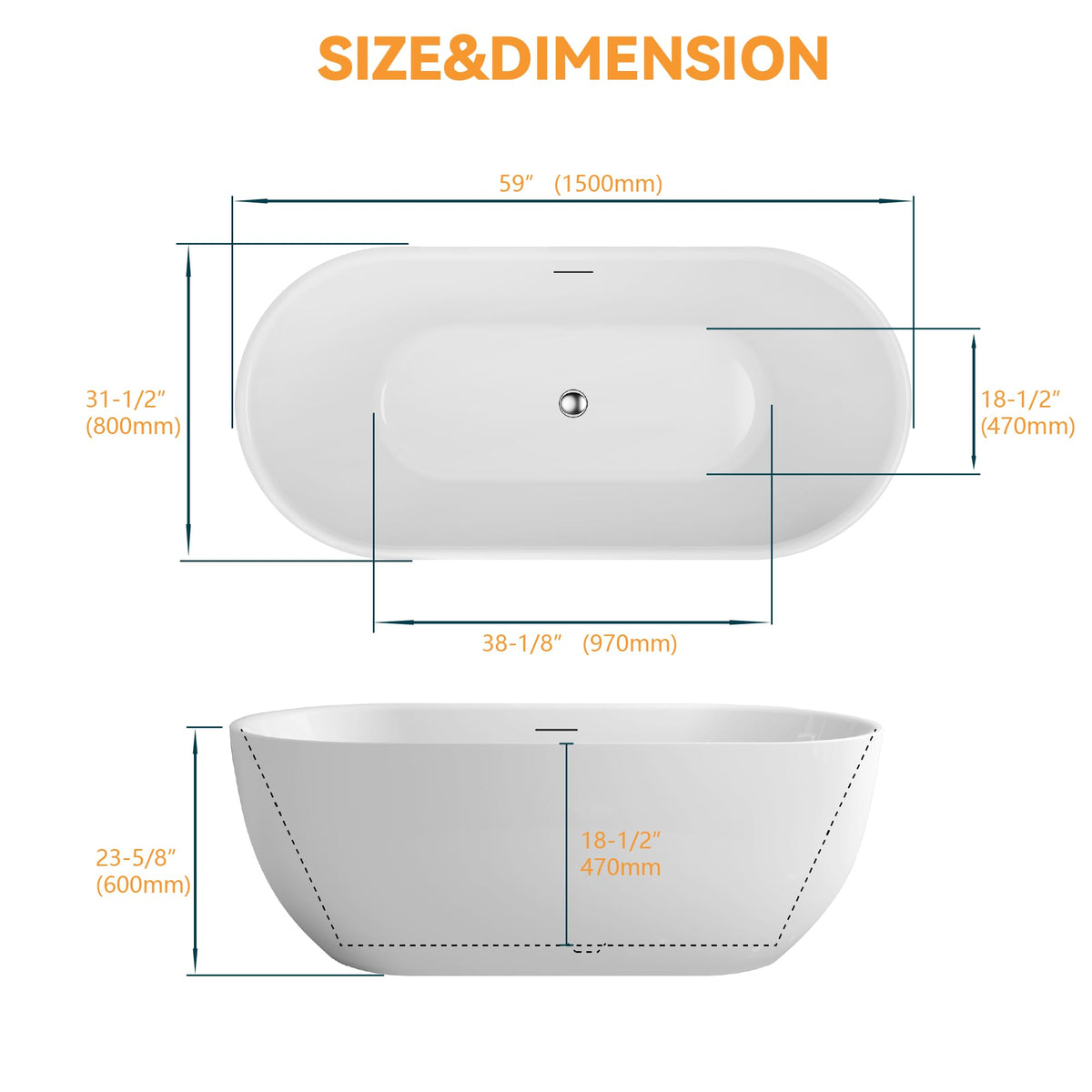 61" Freestanding Bathtubs, Acrylic Soaking Tubs for Adult, Integrated Overflow and Drain, cUPC Certified, Glossy White