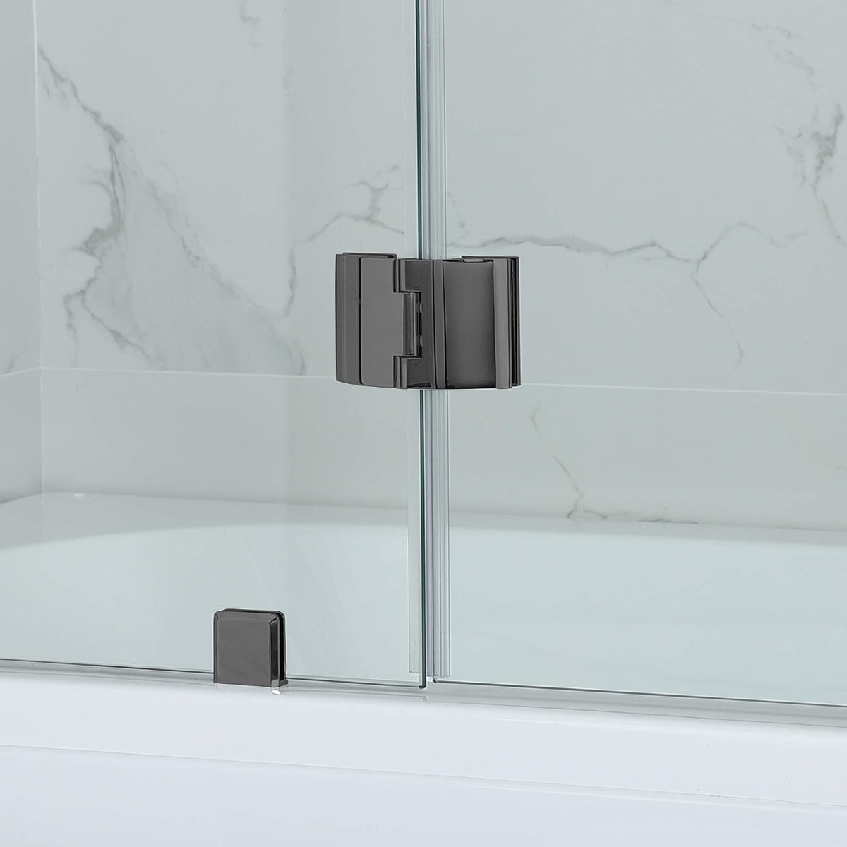 Woodbridge Frameless Hinged Bathtub Shower, 5/16" Tempered Panel, 48" W x 58" H Tub Glass Door in Matte Black Finish, Include Support Bar