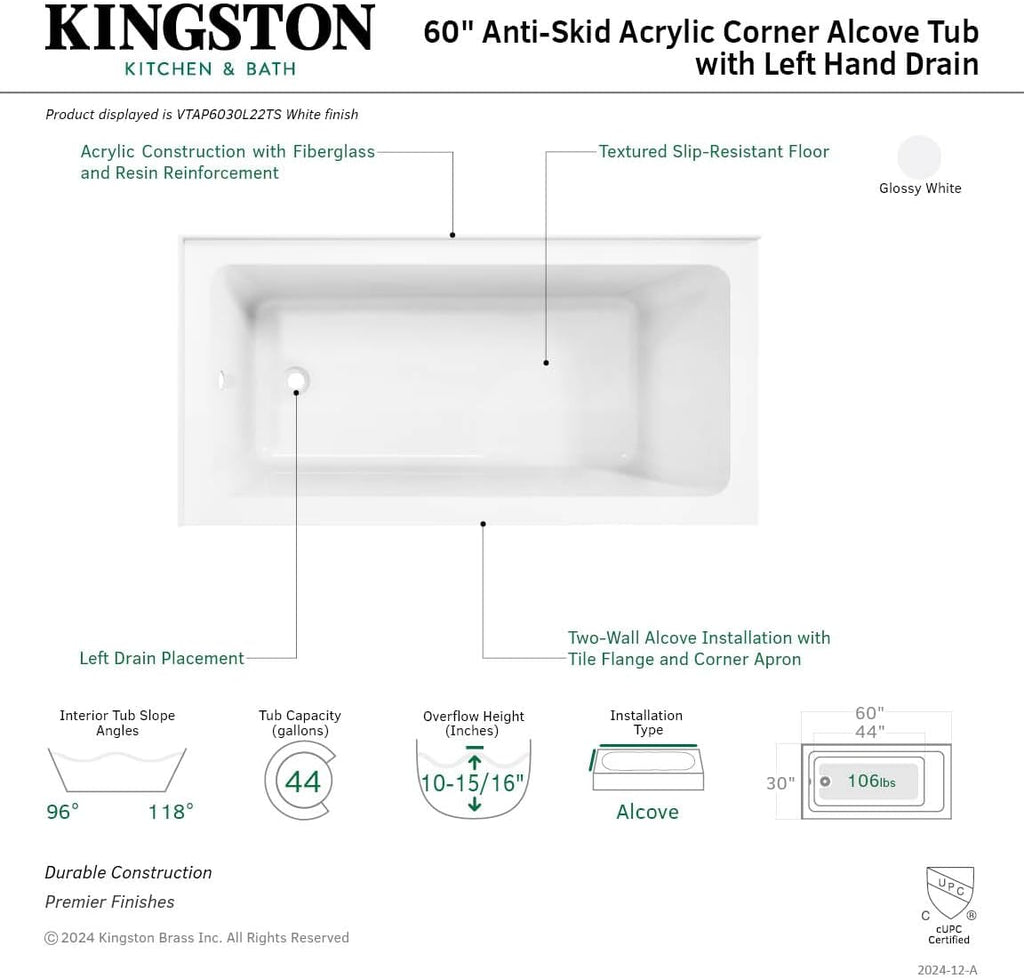 Kingston VTAP6030L22TS 2-Wall Corner Alcove Tub, Glossy White
