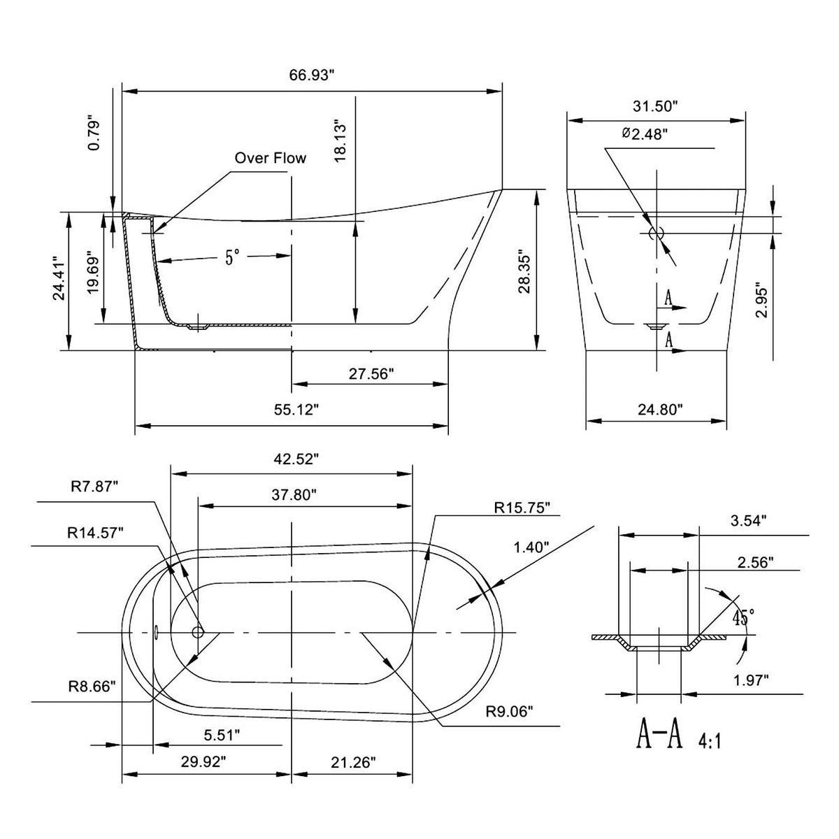 Empava 59 Inch Freestanding Bathtub - Modern Stand Alone Soaking Tubs