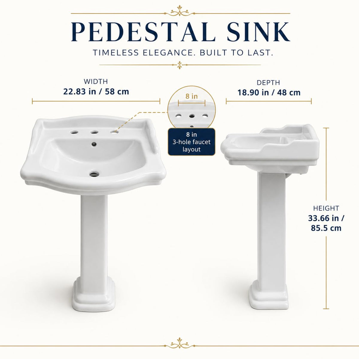 Garvee White Ceramic Pedestal Bathroom Sink, Single Hole Freestanding Basin