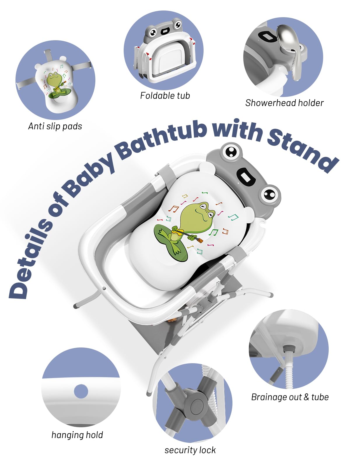 Baby Bathtub with Stand, Foldable Metal Standing Baby Bath Tub, 3-in-1 Anti-Slip Collapsible Tub with Cushion Storage Pad, Elevated Design for Newborn Toddler, Gray