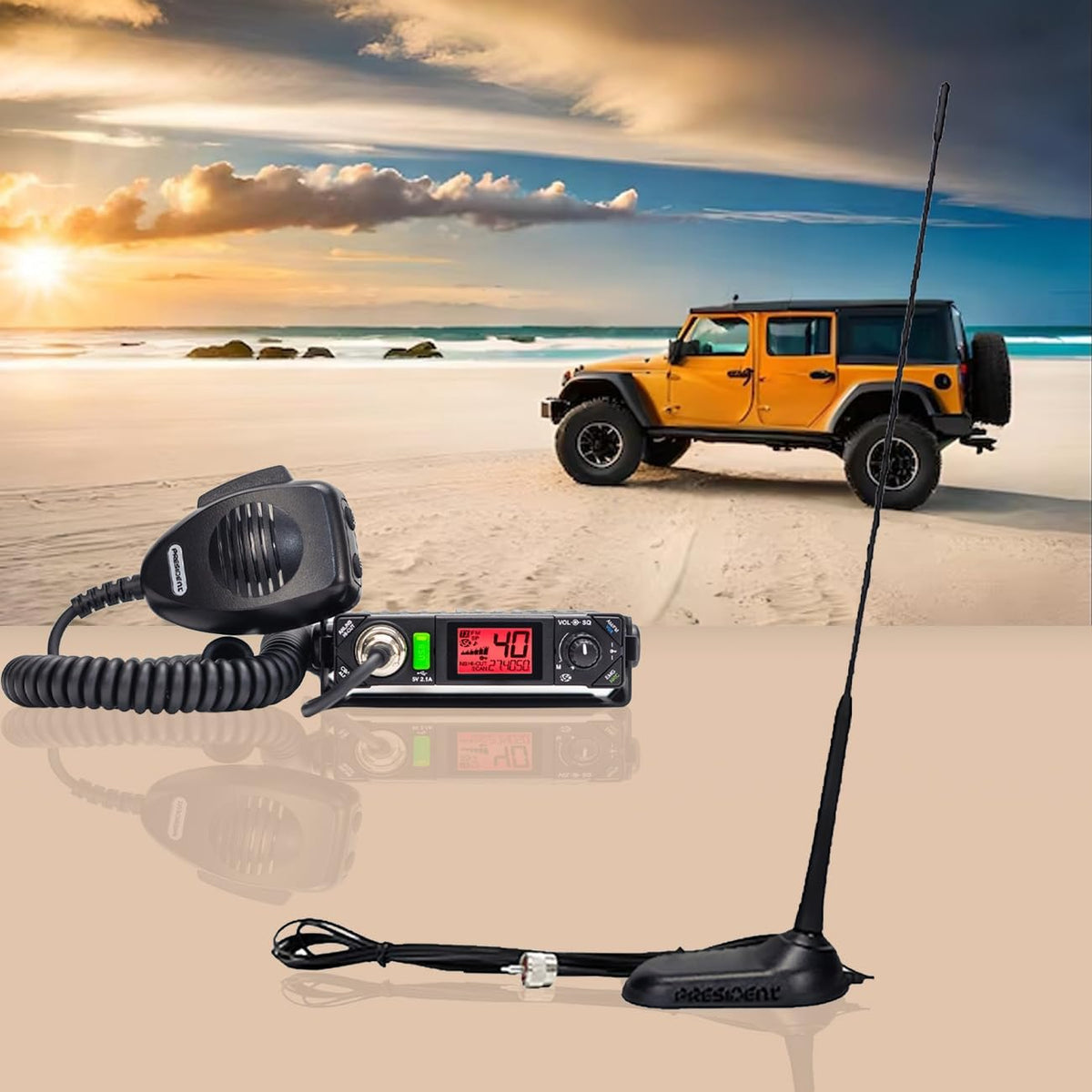 President Premium Compact CB Radio Kit with Bill III AM/FM CB Radio and Virginia F Antenna, Features P-Channels, NRC, and Weather Channels