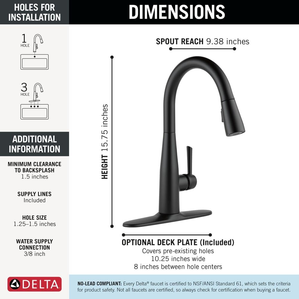 Delta Essa Brushed Nickel Kitchen Faucet with Pull Down Sprayer, Modern Single Hole Kitchen Sink Faucet, Single Handle, Arctic Stainless 9113-AR-DST
