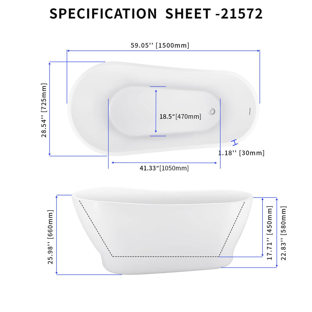 62" Lucite Acrylic Freestanding Bathtub, Double Slipper Soaking Tub
