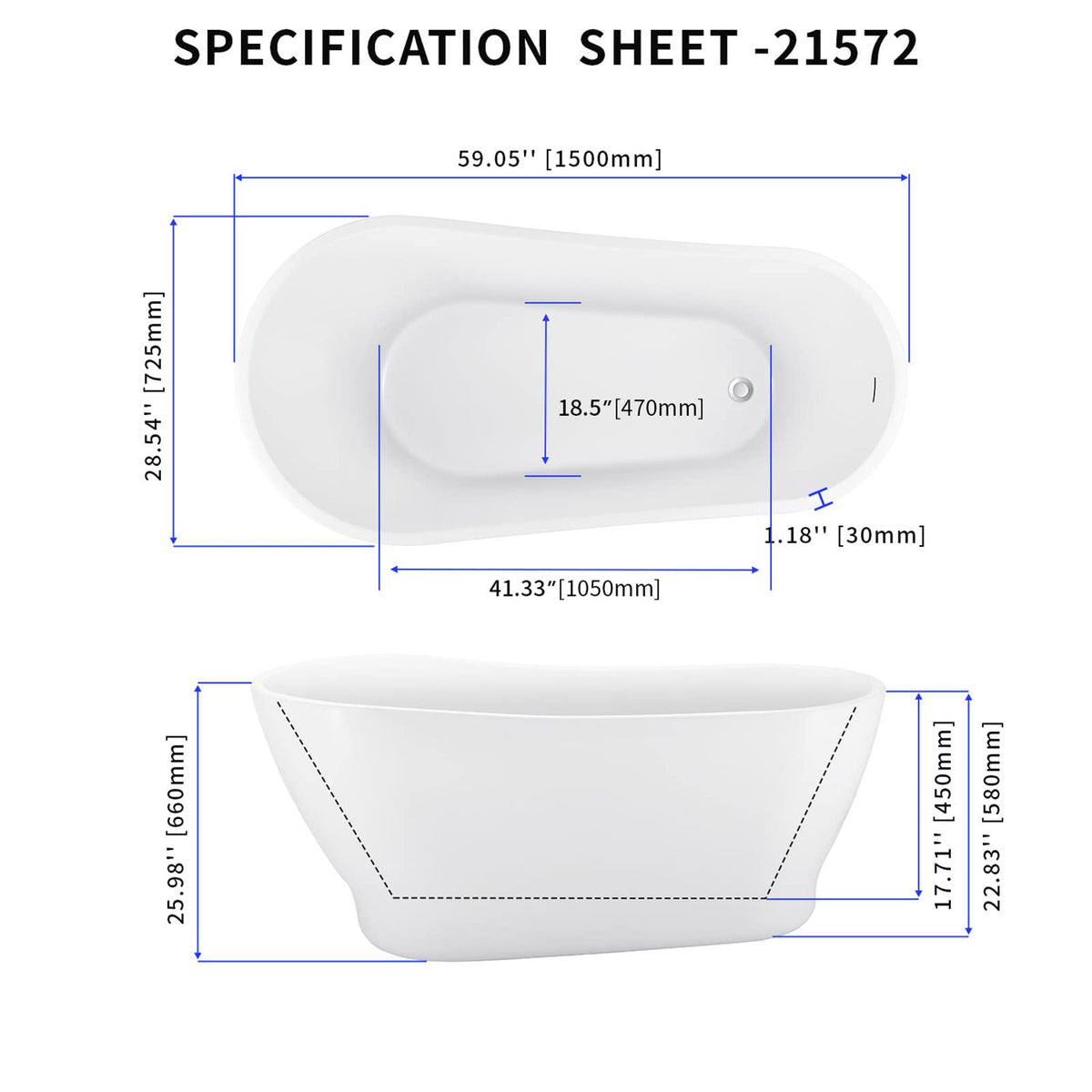 62" Lucite Acrylic Freestanding Bathtub, Double Slipper Soaking Tub