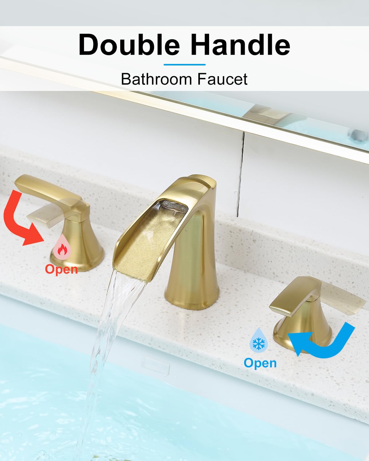 Fapully Brushed Nickel Bathroom Faucet 3 Hole, Waterfall 8 Inch Widespread Bathroom Sink Faucet with Pop-up Drain, Two-Handle Faucet for Bathroom Sink