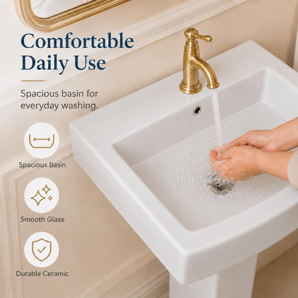 Garvee White Ceramic Pedestal Bathroom Sink, Single Hole Freestanding Basin